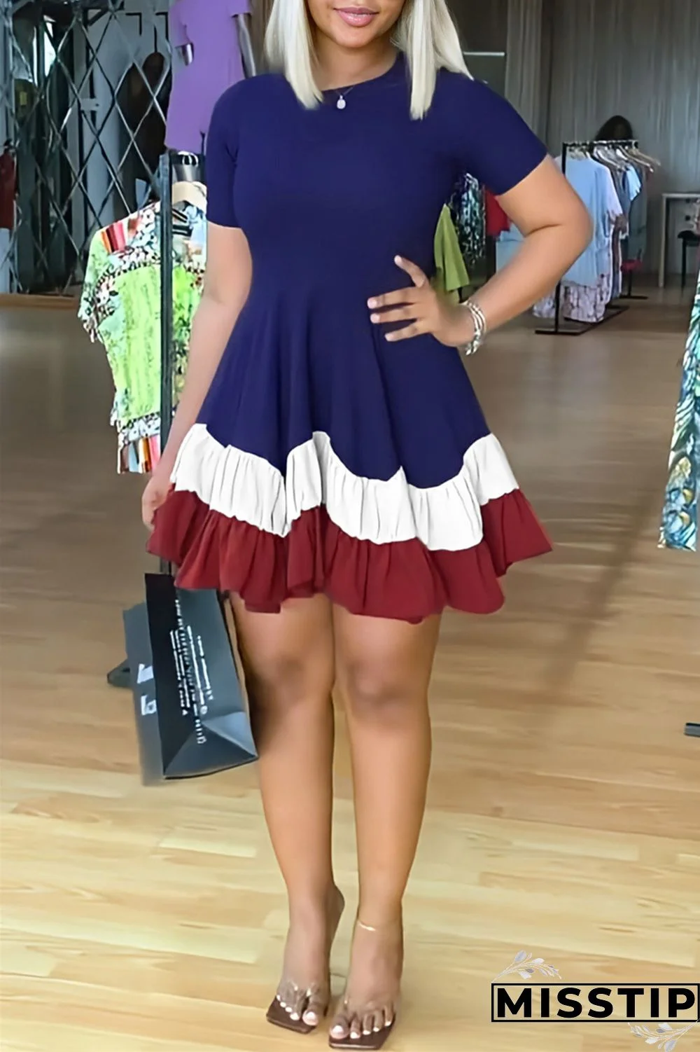 Blue Red Fashion Casual Solid Patchwork O Neck Short Sleeve Dress