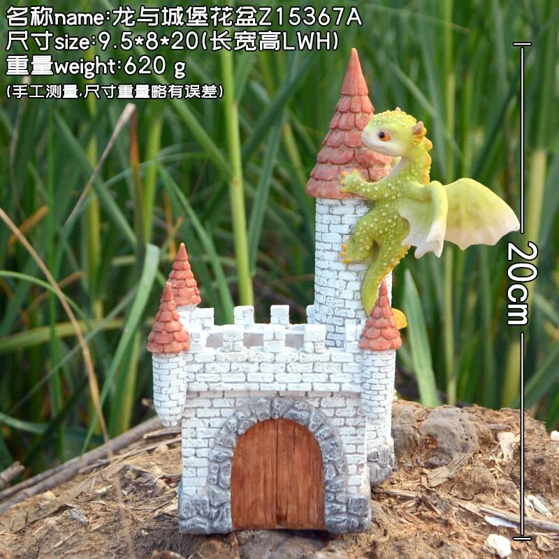 Rex the Green Dragon Figurine Planter Mini Collectible Fantasy Dragon Ornament with Castle Flowerpot Fairy Garden and Terrarium