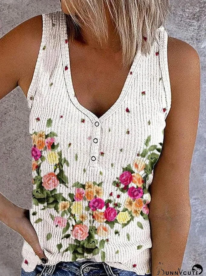 Button Print V-neck Sleeveless Tank Top for Women
