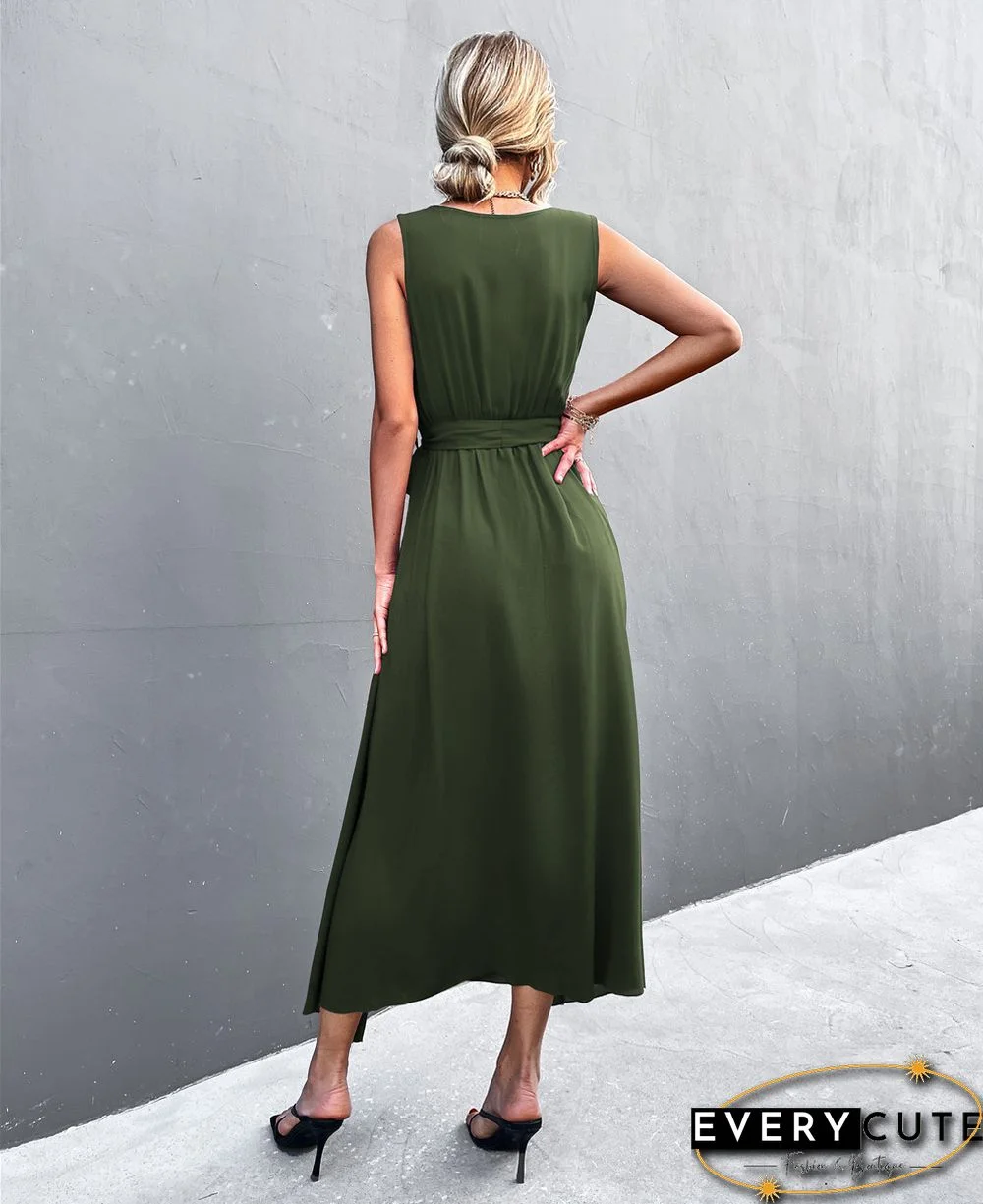 Sexy V-neck Cross Strap Sleeveless Slit Dress Black Dresses