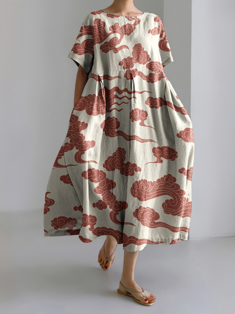 Comstylish Japanese Art Cloud Print Loose Casual Midi Dress