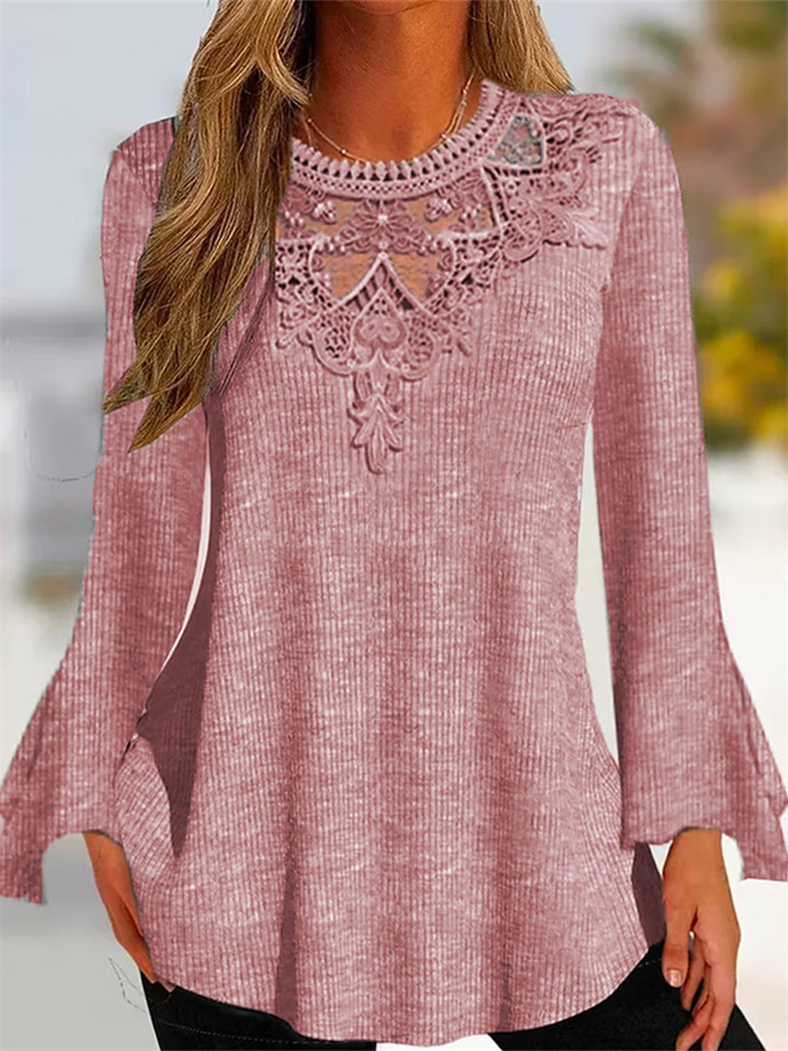 Women's Comfortable Casual Fresh Sweet Solid Color Ladies Casual Round Neck Pullover Long Sleeve T-Shirt V-Neck Lace