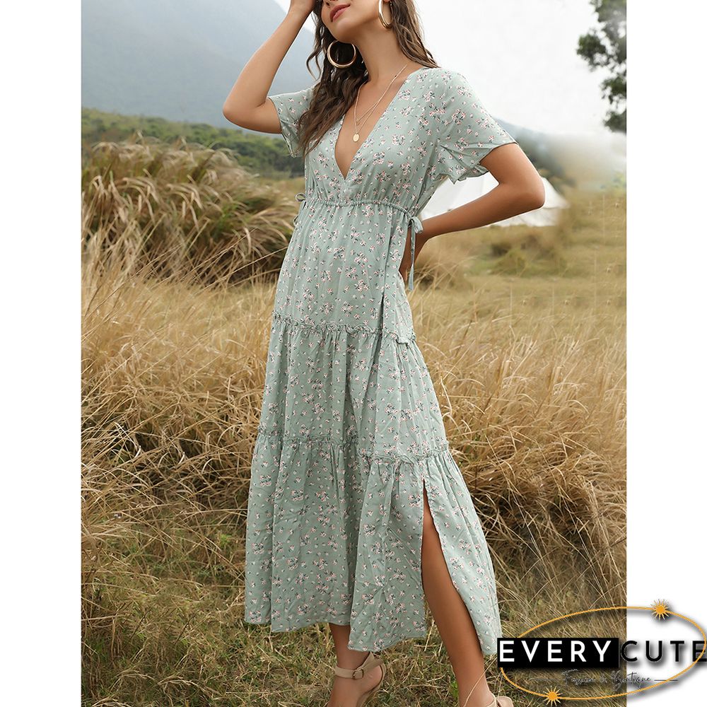 Green Tiered Ruffle Detail V Neck Floral Dress