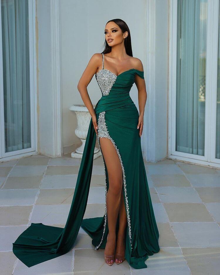 Modern Dark Green Spaghetti-Strap Off-the-shoulder Beads Ruffles Satin Mermaid Prom Dress Split With Sweetheart ED0449