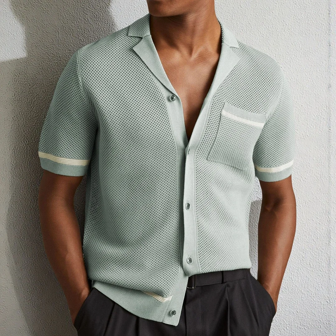 Uveng Uveng Men's Sexy Hollow Men's Knitted Summer Cuban Collar Short-Sleeved Polo Shirt SY0103