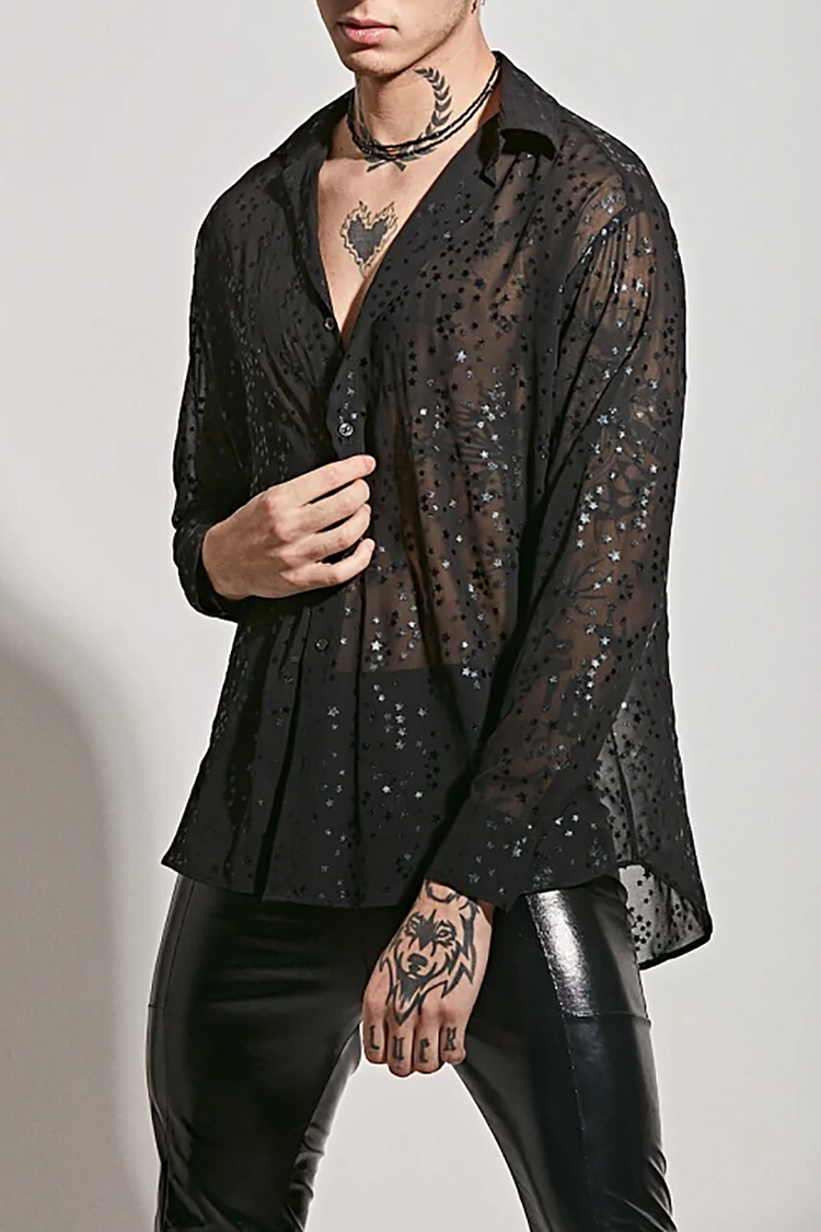 See Through Mesh Star Print Loose Fit Shirt [Pre-Order]