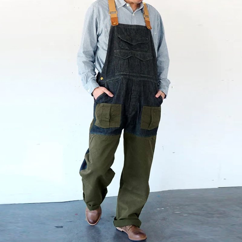 American Style Multi-pocket Splicing Army Green Suspenders Shoulder Overalls