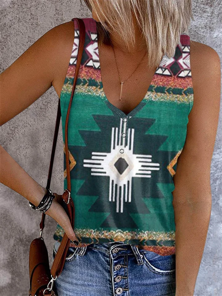 Women's Tank Top Army Green Red Blue Geometric Button Print Sleeveless Daily Weekend Ethnic V Neck Regular Geometric Painting S-Hoverseek
