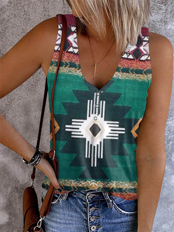 Women's Tank Top Army Green Red Blue Geometric Button Print Sleeveless Daily Weekend Ethnic V Neck Regular Geometric Painting S -vasmok