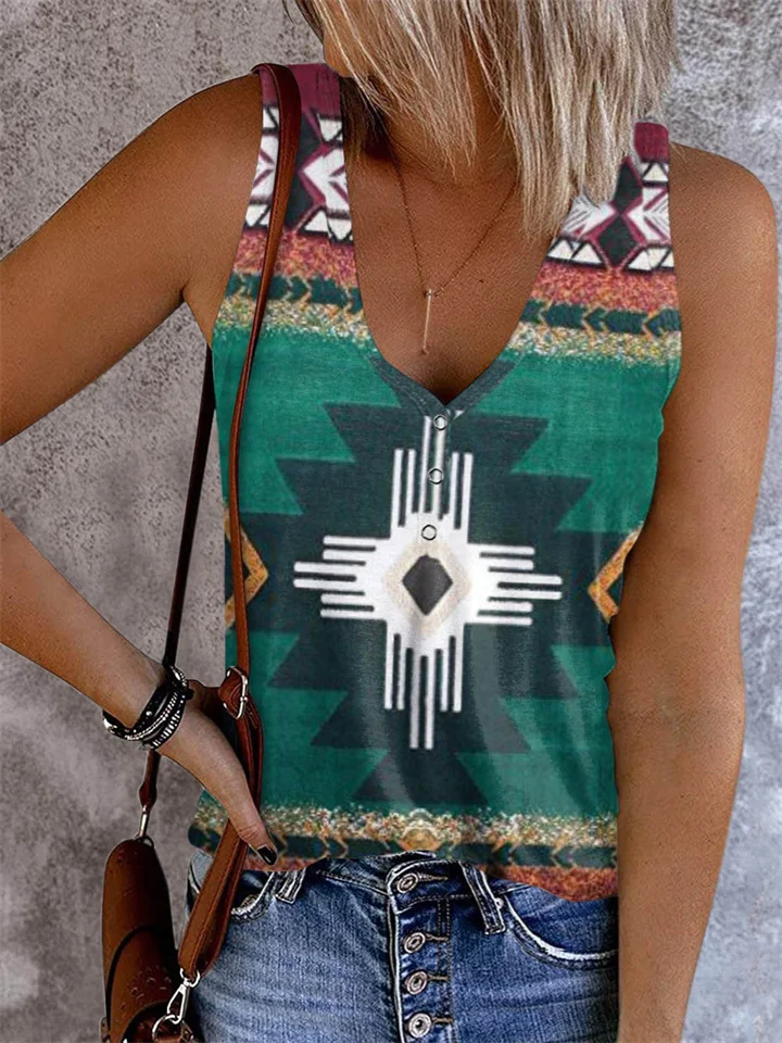 Women's Tank Top Army Green Red Blue Geometric Button Print Sleeveless Daily Weekend Ethnic V Neck Regular Geometric Painting S-Cosfine