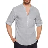 Men's Stand Collar Casual Solid Color Loose Cotton and Linen Shirt