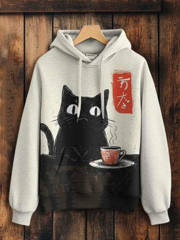 Women's Black Cat Drinking Coffee Japanese Art Print Cozy Hoodie