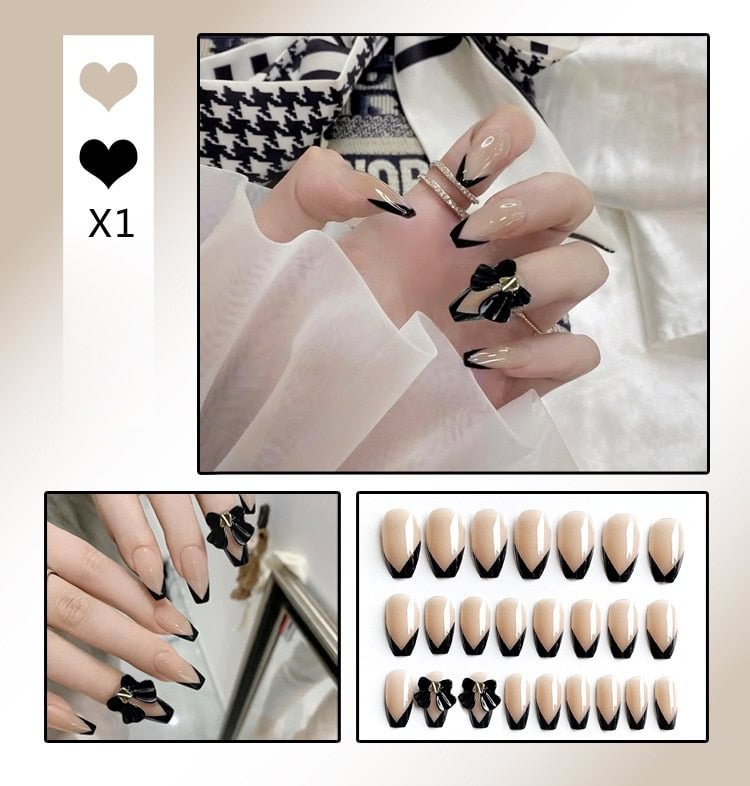 24pcs Ladies Fake Nails Heart Bow Knot Decor DIY Bride False Nail Black Flower Rhinestone Decoration Supplies Nail Stickers Tips