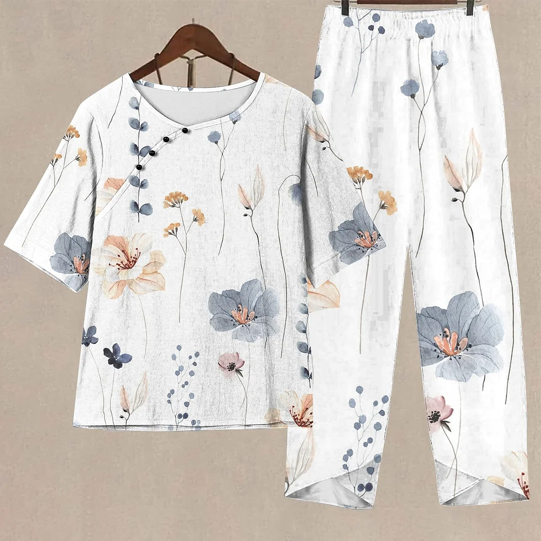 Women's Summer Casual Floral Print Round Neck Two Piece Suit