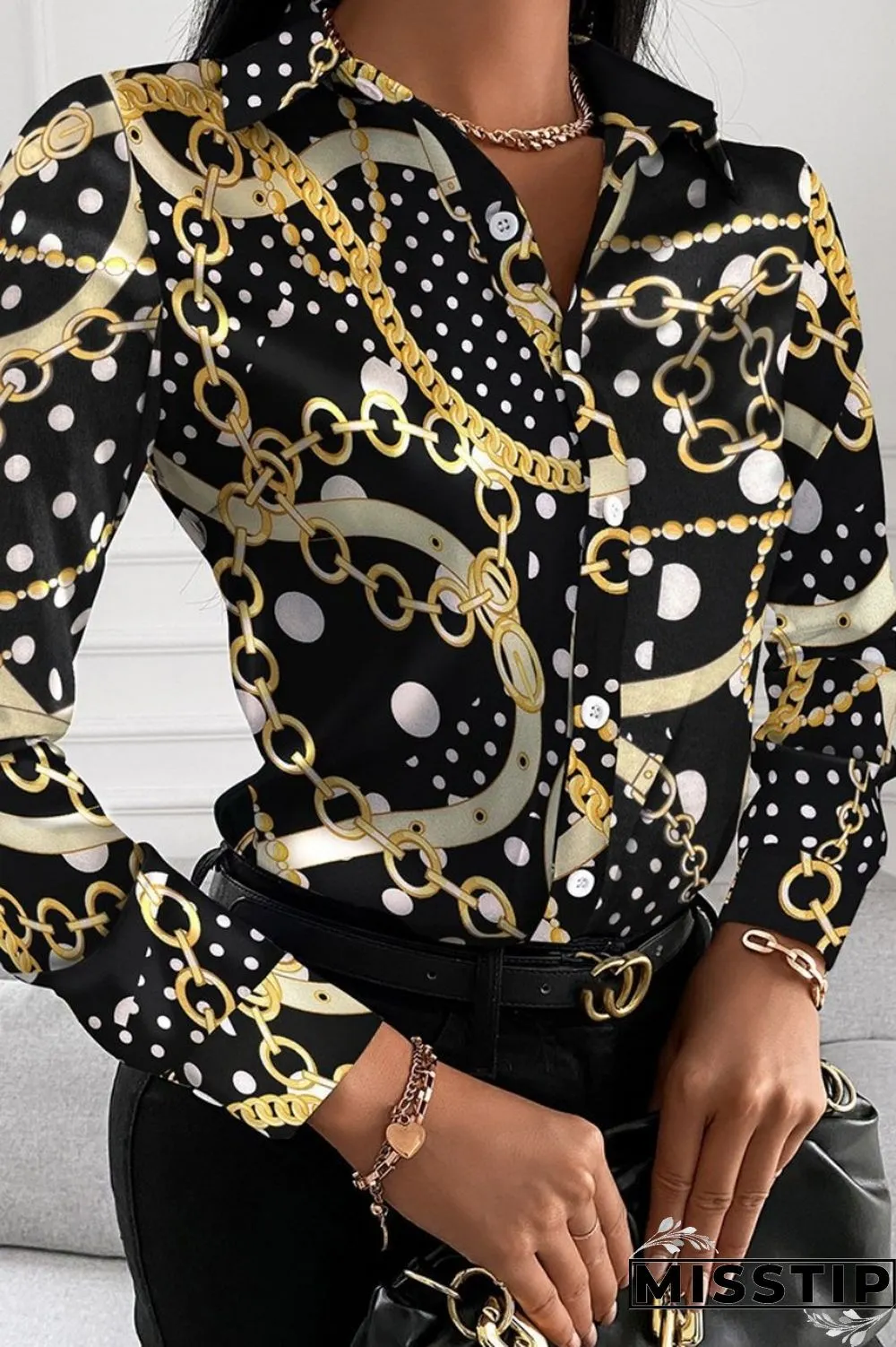 Black Red Casual Print Patchwork Shirt Collar Tops