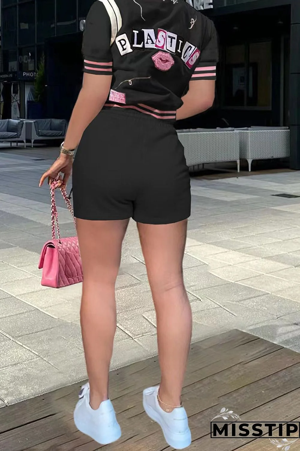 Cream White Casual Street Print Patchwork Buckle Short Sleeve Two Pieces