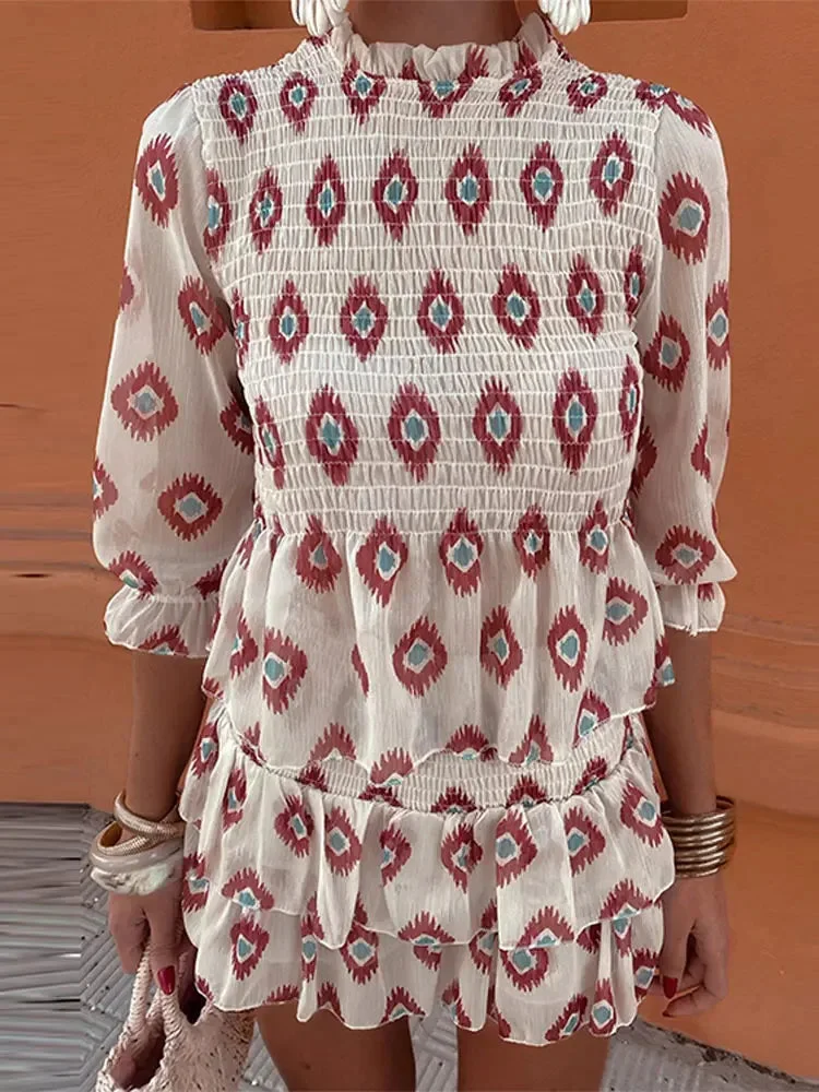 Tlbang Print Pleated Ruffle Hem Mini Skirt Suits Women Fashion Half Sleeve O-neck Top 2 Piece Set 2024 Lady Casual High Streetwear