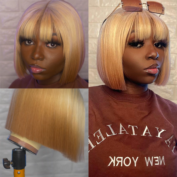 🔥Hot|New Glueless 13*4 Lace Frontal Human Hair Blonde Cute Straight Wig With Bangs US Mall Lifes