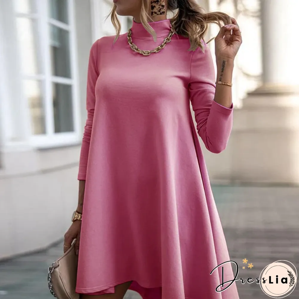 Solid Color Long Sleeve Turtleneck Loose Dress