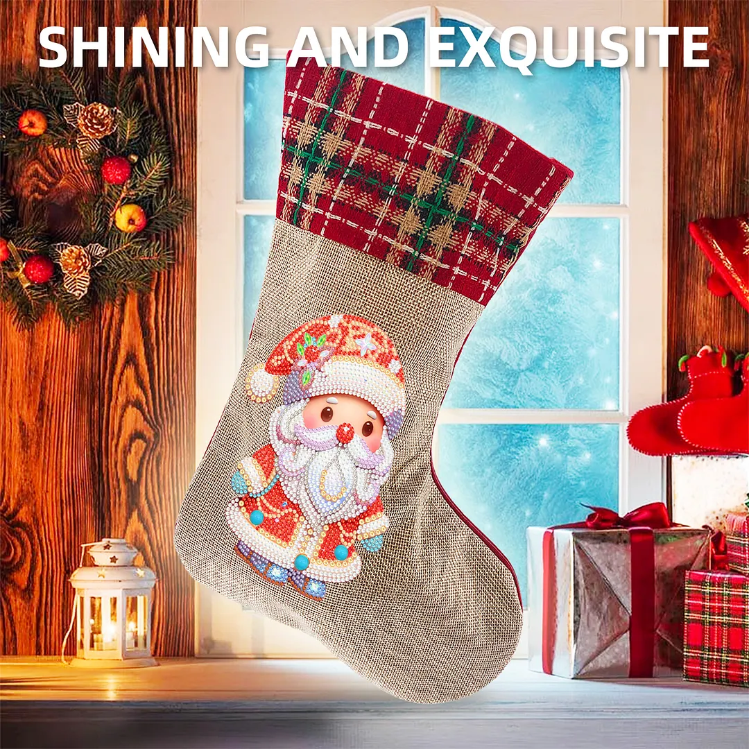 DIY Diamond Painting Christmas Stockings Hanging Ornaments Large Capacity Xmas Socks Pendant Wear Resist Candy Gift Storage Bags for Family Christmas Holiday Party Decoration (Santa Claus)