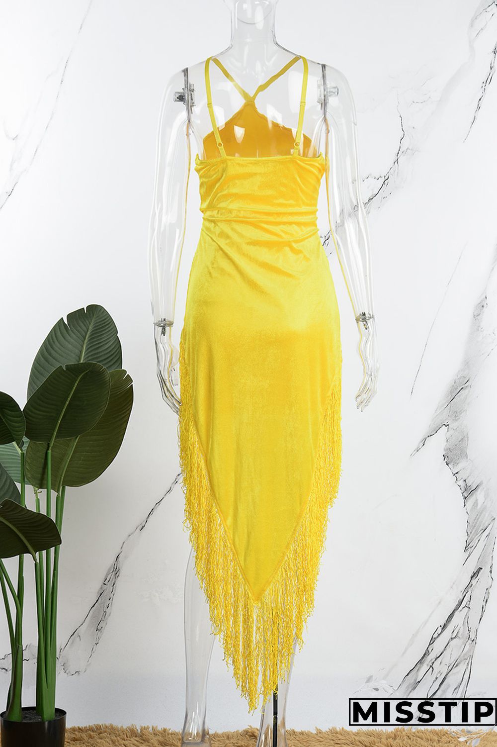 Yellow Sexy Solid Tassel Patchwork Backless Spaghetti Strap Irregular Dress Dresses