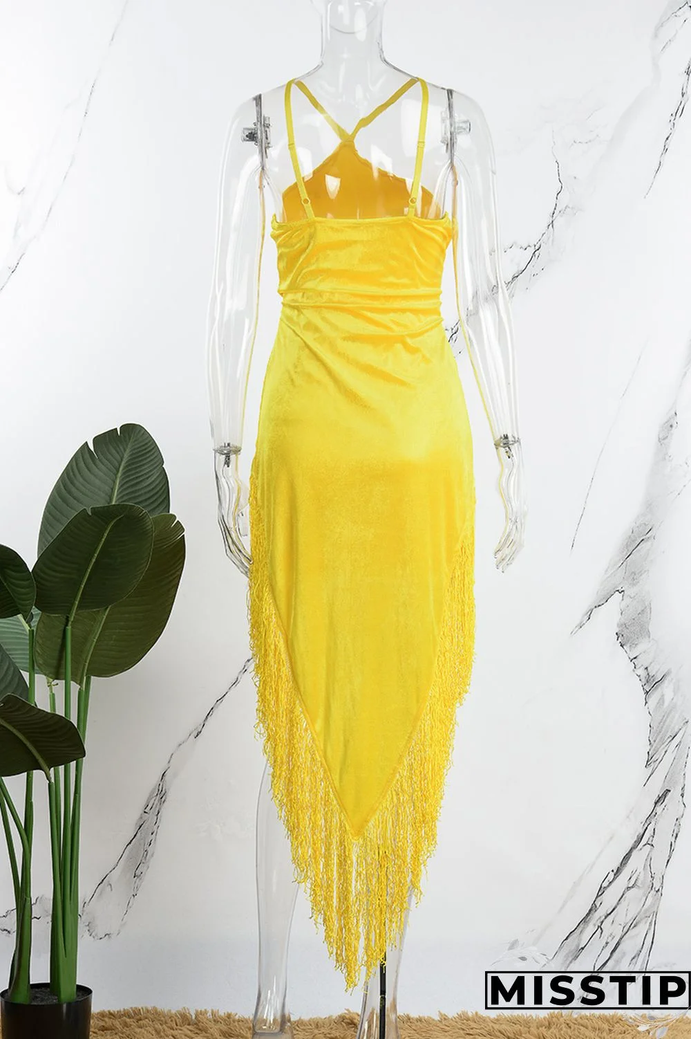 Yellow Sexy Solid Tassel Patchwork Backless Spaghetti Strap Irregular Dress Dresses