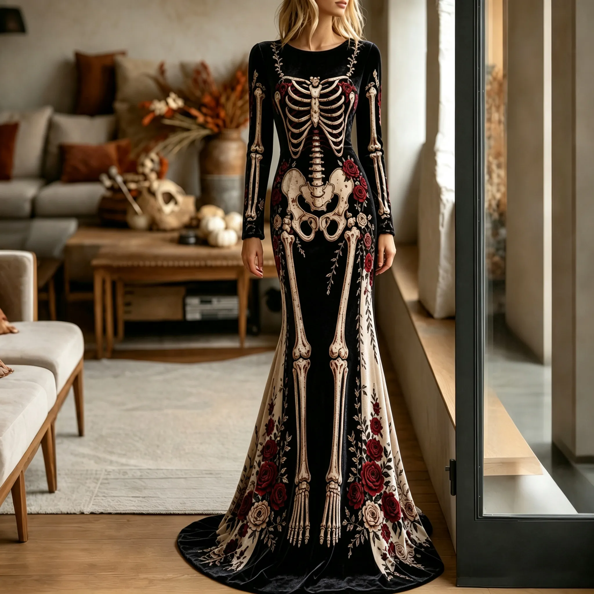 Women's Halloween Gothic Style Gothic Skeleton & Floral Color Blocking Pattern Velvet Long Dress artswardrobe