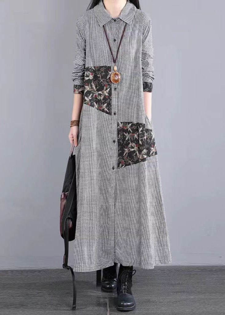 VCSHOES Loose Black White Plaid Peter Pan Collar Patchwork Cotton Long Dress Fall