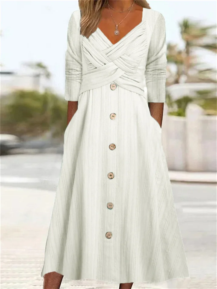 Summer New Women's Solid Color Long-sleeved V-neck Cross Button Casual Wind Comfortable Commuter Long Dress Dress Dress