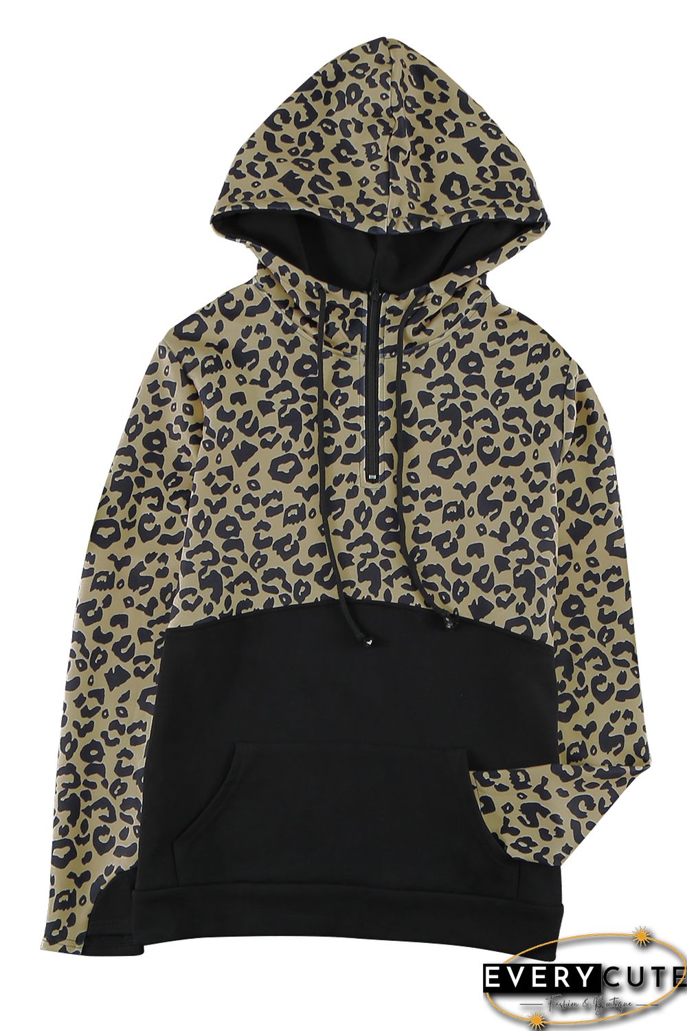 Leopard Print Color Block Patchwork Zip Collar Sweatshirt
