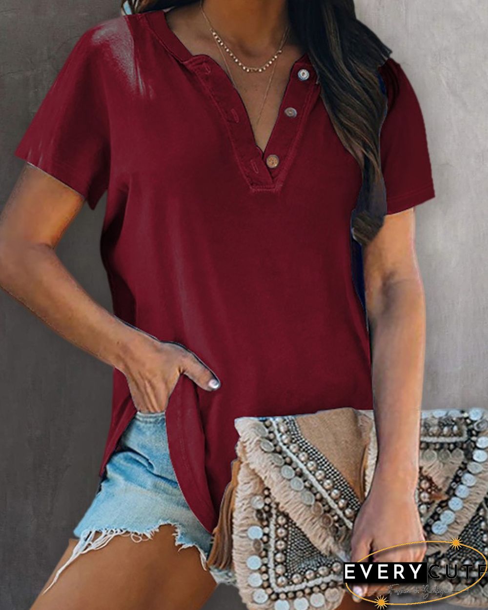 Plain V Neck Button Design Top