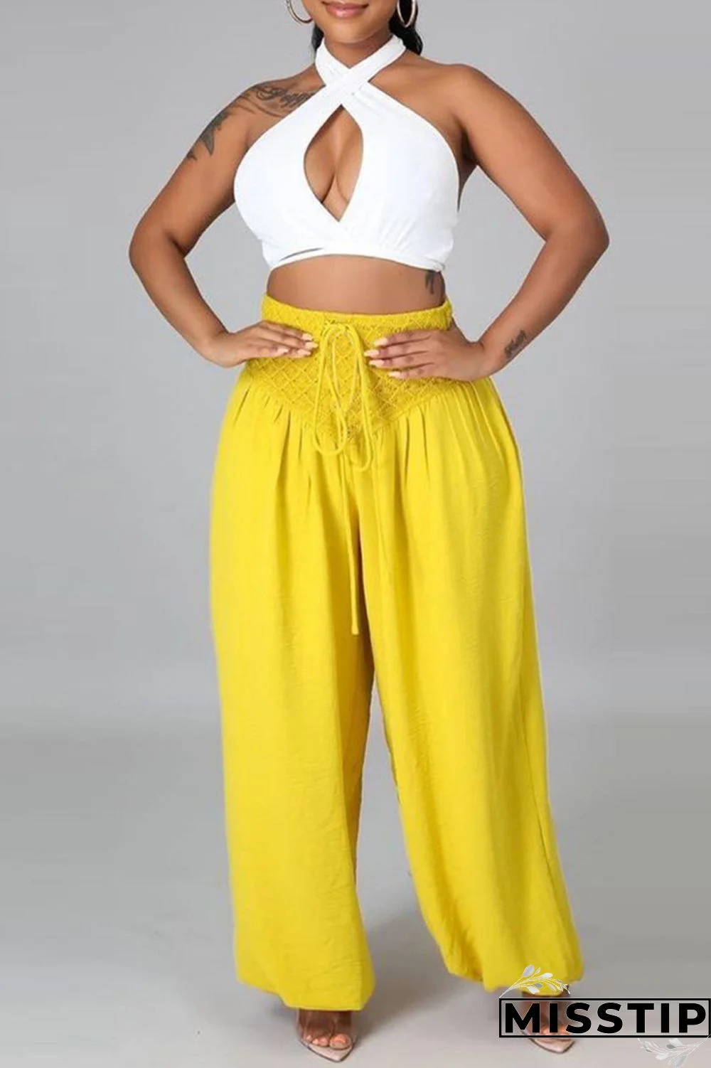 Yellow Sexy Casual Solid Hollowed Out Backless Halter Sleeveless Two Pieces