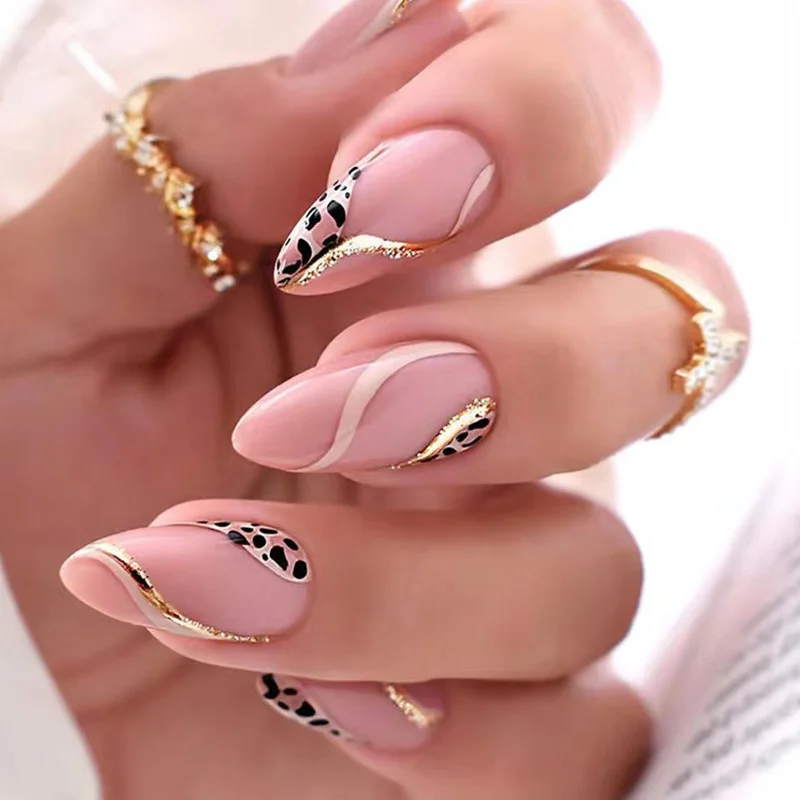 Wendeku 24Pcs French Fake Nails With Green Leaf Print Design Long Stiletto False Nail Wearabe Almond Press on Nails Full Cover Nail Tips