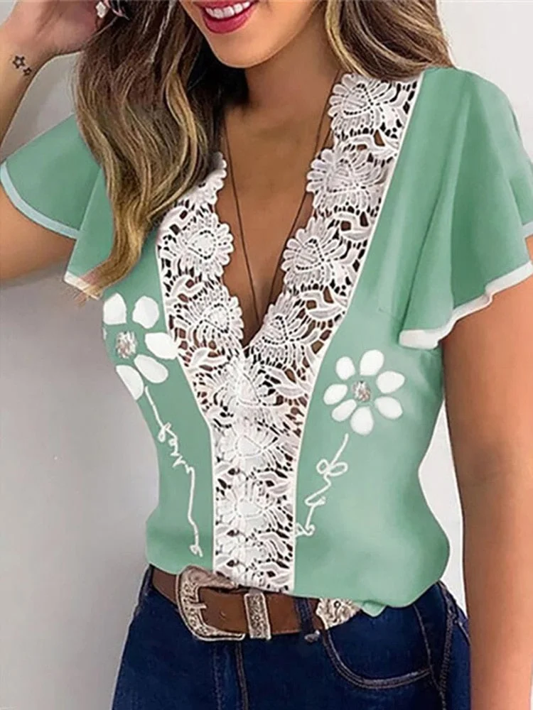 Hollow Out Sexy Lace Blouse Elegant Butterfly Sleeve Solid Blouse Shirt Office Lady O Neck Ruffles Patchwork Blusas Tops S-5XL