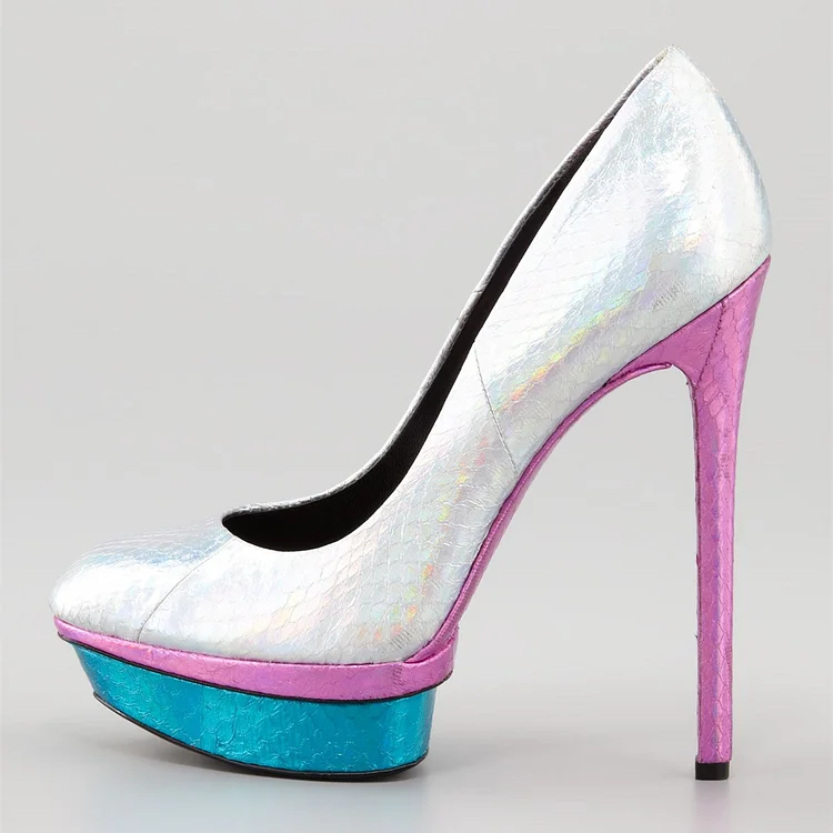 Women's Colors Python Hologram Platform Heels Pumps |FSJ Shoes
