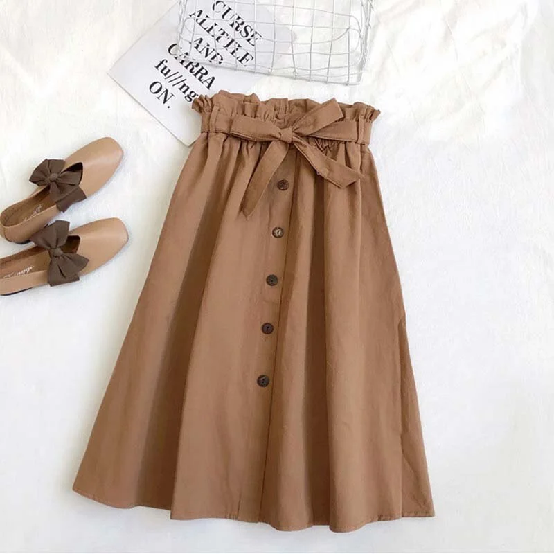 Women Elegant High Waist Midi Skirt Spring And Summer Casual Single-Breasted Solid Black White Bowknot Belt Office A-Line Skirt