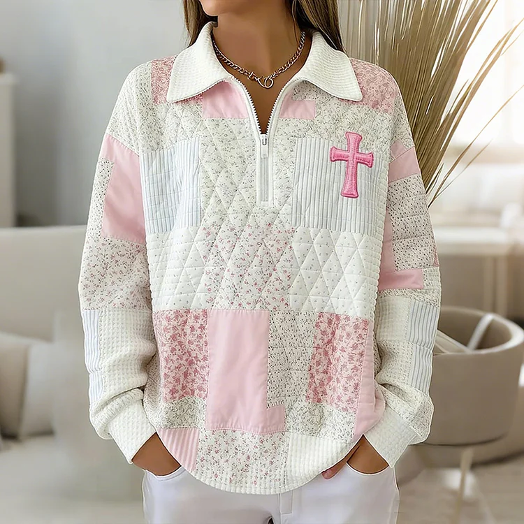 Women's Vintage Floral Cross Patchwork Zip-up Hoodie