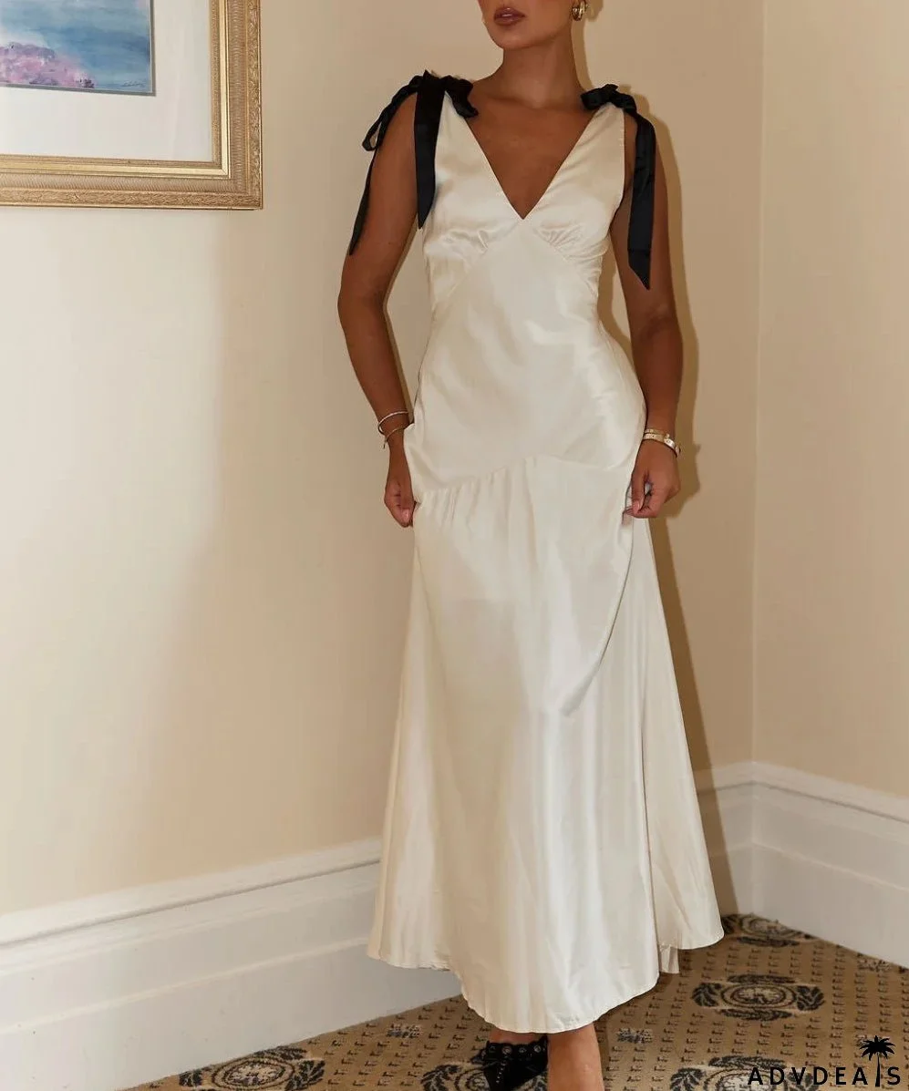 Pure White Color V-neck Maxi Dress