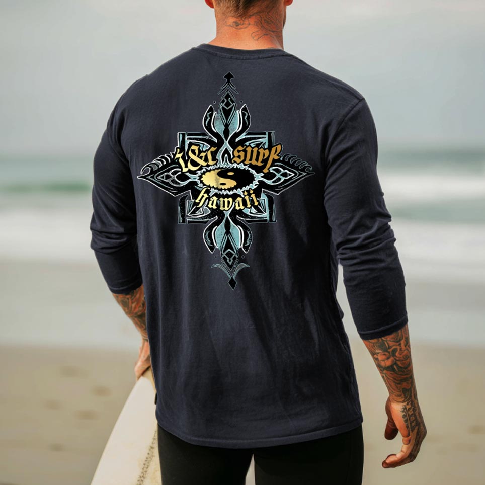 thesupersurf Cotton Long Sleeve Surf T-Shirt with Hawaii Tribal Design for Men 