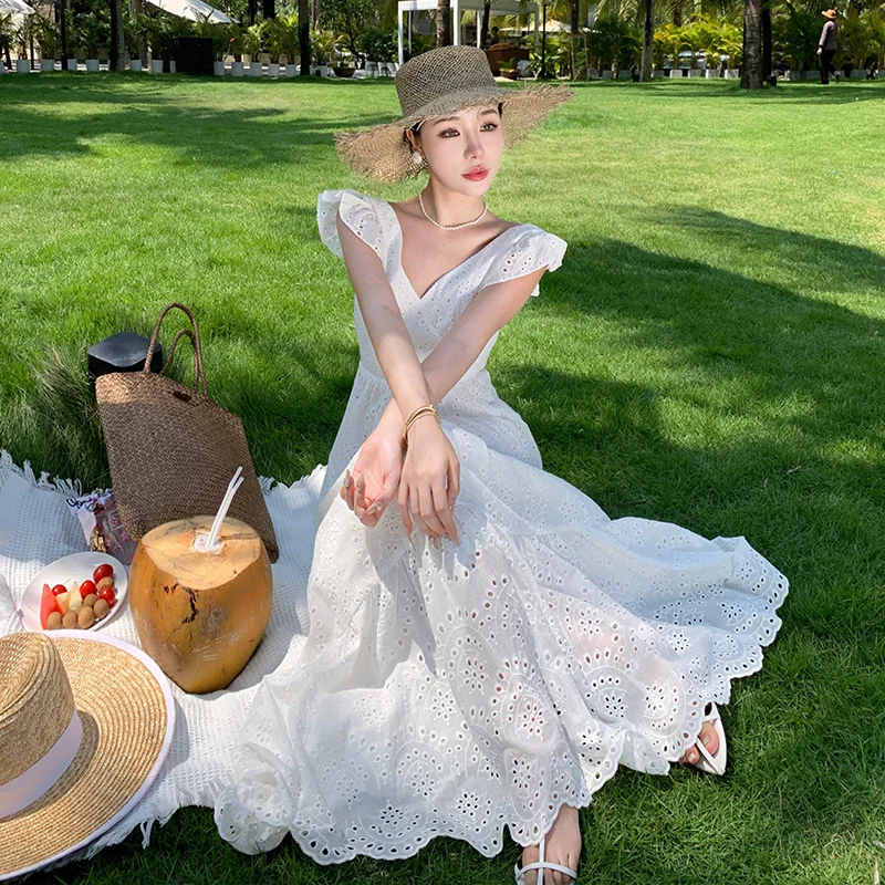 Zingj Zingj Sense White Hollow-Out Embroidery V Neck High Waist Show Thin Back Dress Sanya Beach Holiday Beach Dress