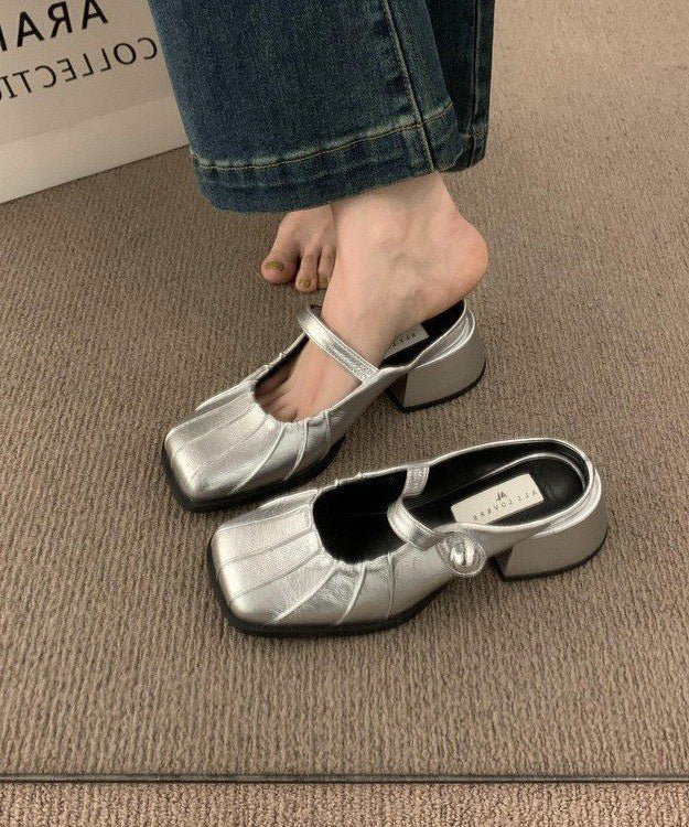 VCSHOES Silver Pleats Chunky Faux Leather Slide Sandals