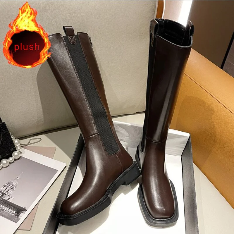 High Boots Women Zipper Leather Shoes 2021 Autumn Thick Bottom Platform Ladies Knee High Boots Elegant Fashion Female Footwear