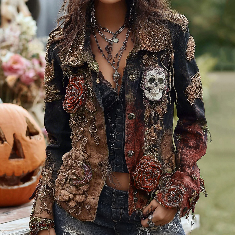 Rose Skull Embroidered Gothic Rough-contrast Denim Jacket