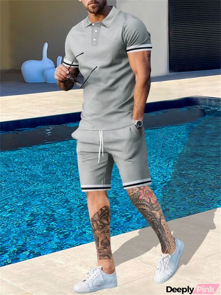 Men's Summer 2-Piece Lapel Short Sleeve T-shirt Loose Shorts