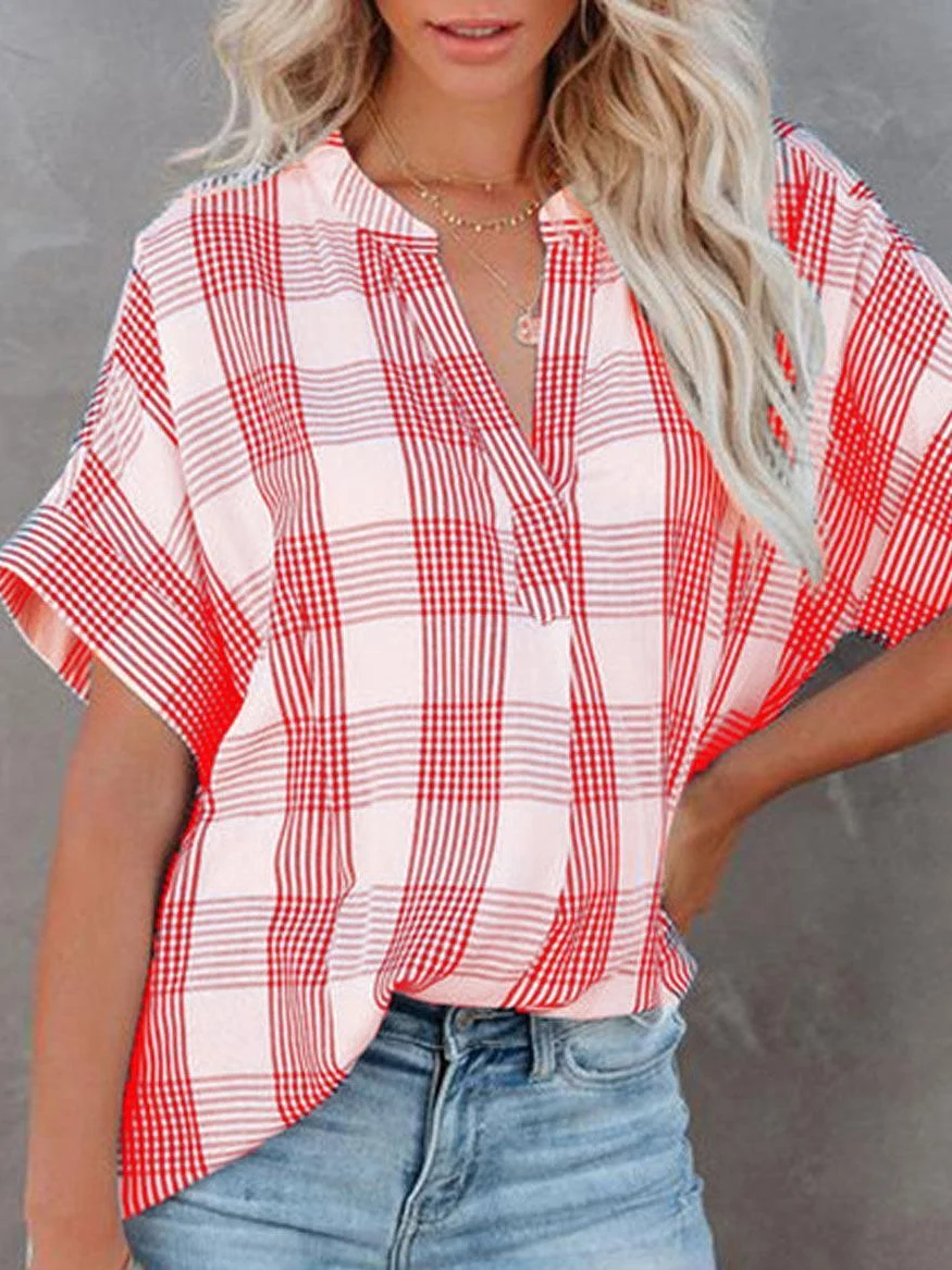 Check Print Casual Loose Short Sleeve Blouse