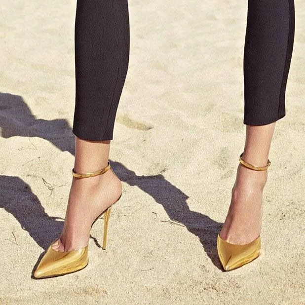 Gold Mirror Leather Pointy Toe Stiletto Heel Ankle Strap Pumps Vdcoo