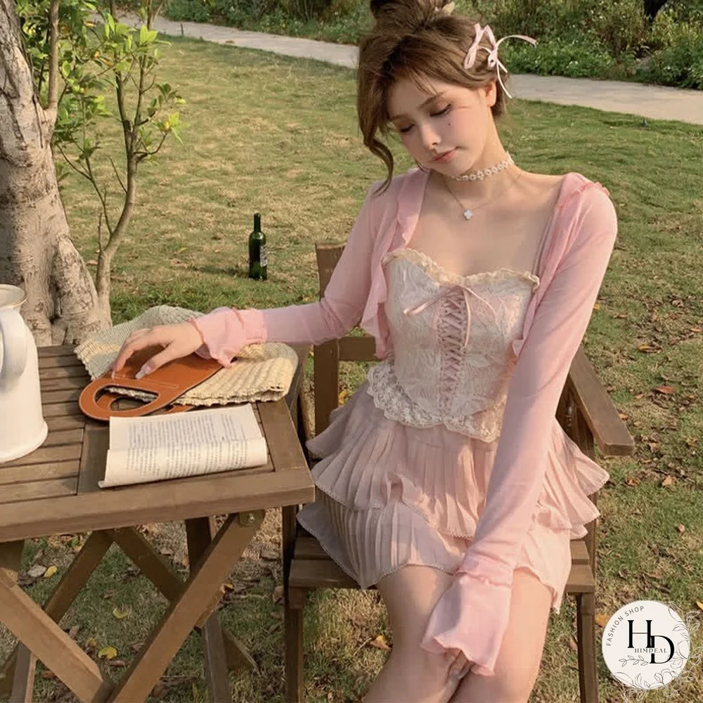 Pure Color Cardigan Lace-up Lace Corset Top Layered Mini Skirt