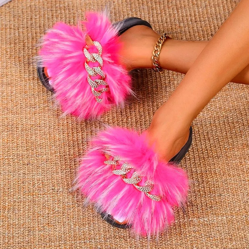Fur Women Slippers Furry Fluffy Flip Flops Women Sandals Gold Chain Fur Slides Ladies Slippers Plus Size Shoes Women