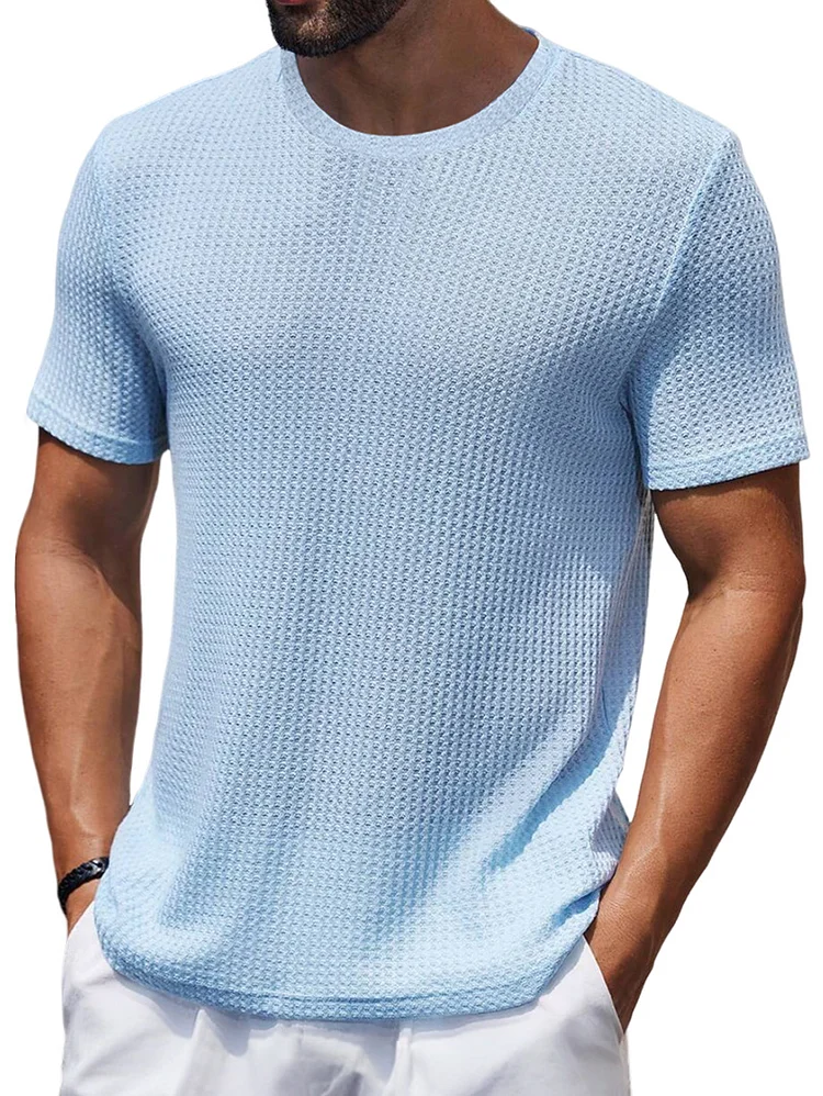 Men's Summer Round Neck Casual Solid Color Waffle Texture Short Sleeve T-Shirt