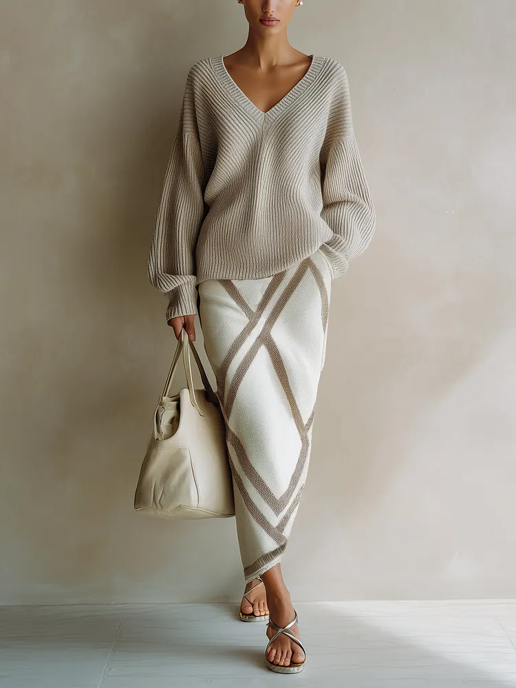 Women's 2-Piece Knit Sweater & Midi Skirt Set &ndash; V-Neck Oversized Pullover With Geometric Knit Pencil Skirt
